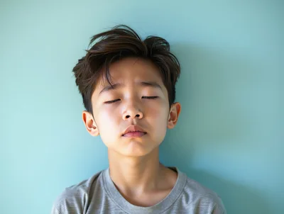 Young Asian Boy With Eyes Closed Against Blue Background