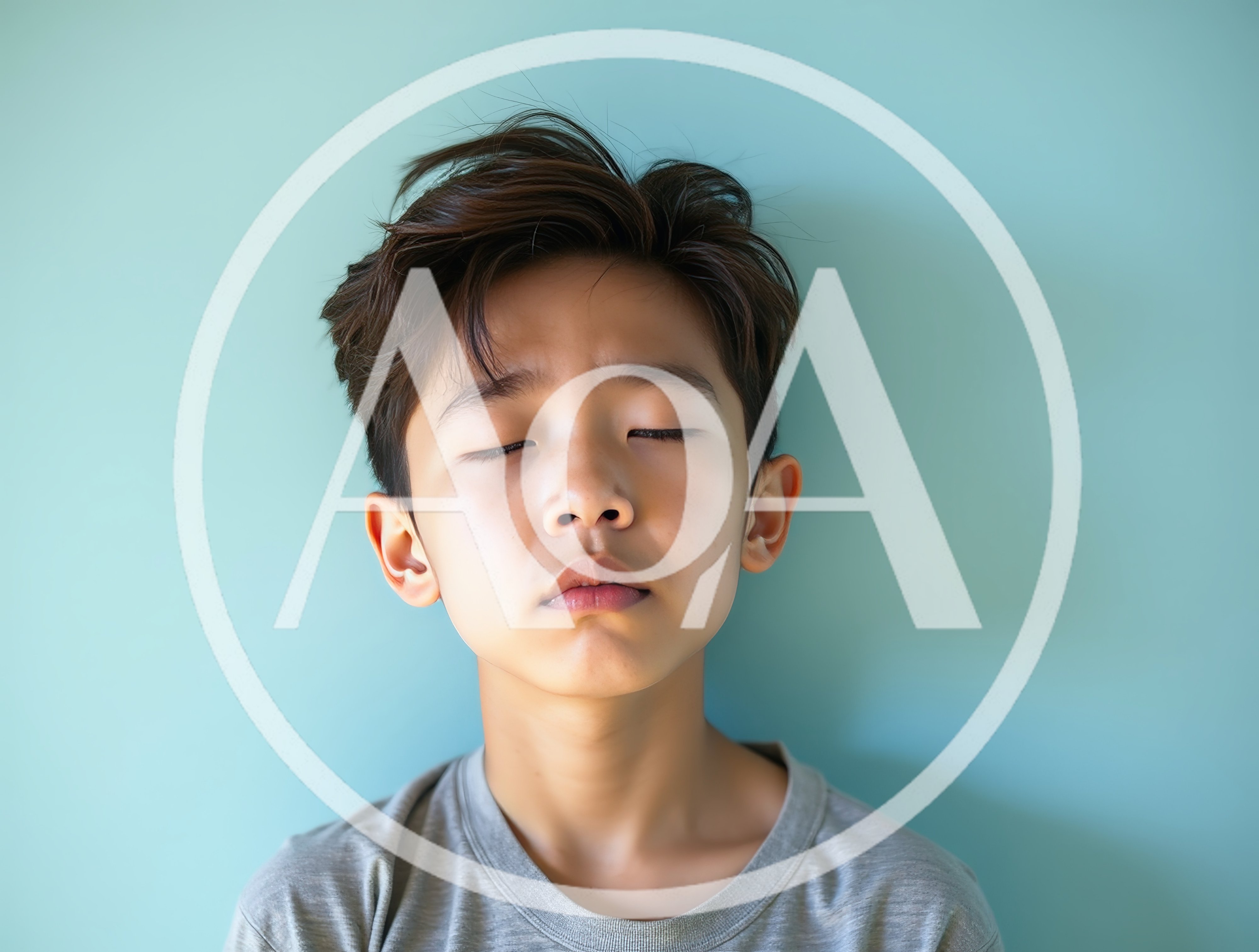 Young Asian Boy With Eyes Closed Against Blue Background