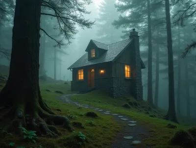 Cozy Wooden Cabin In A Misty Forest
