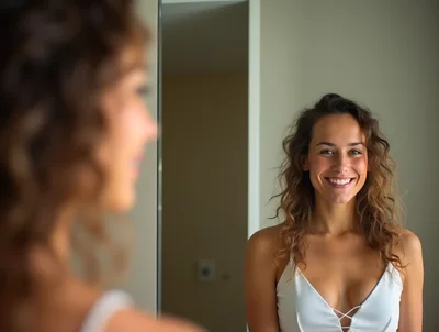 Young Woman Smiling At Her Reflection In A Mirror