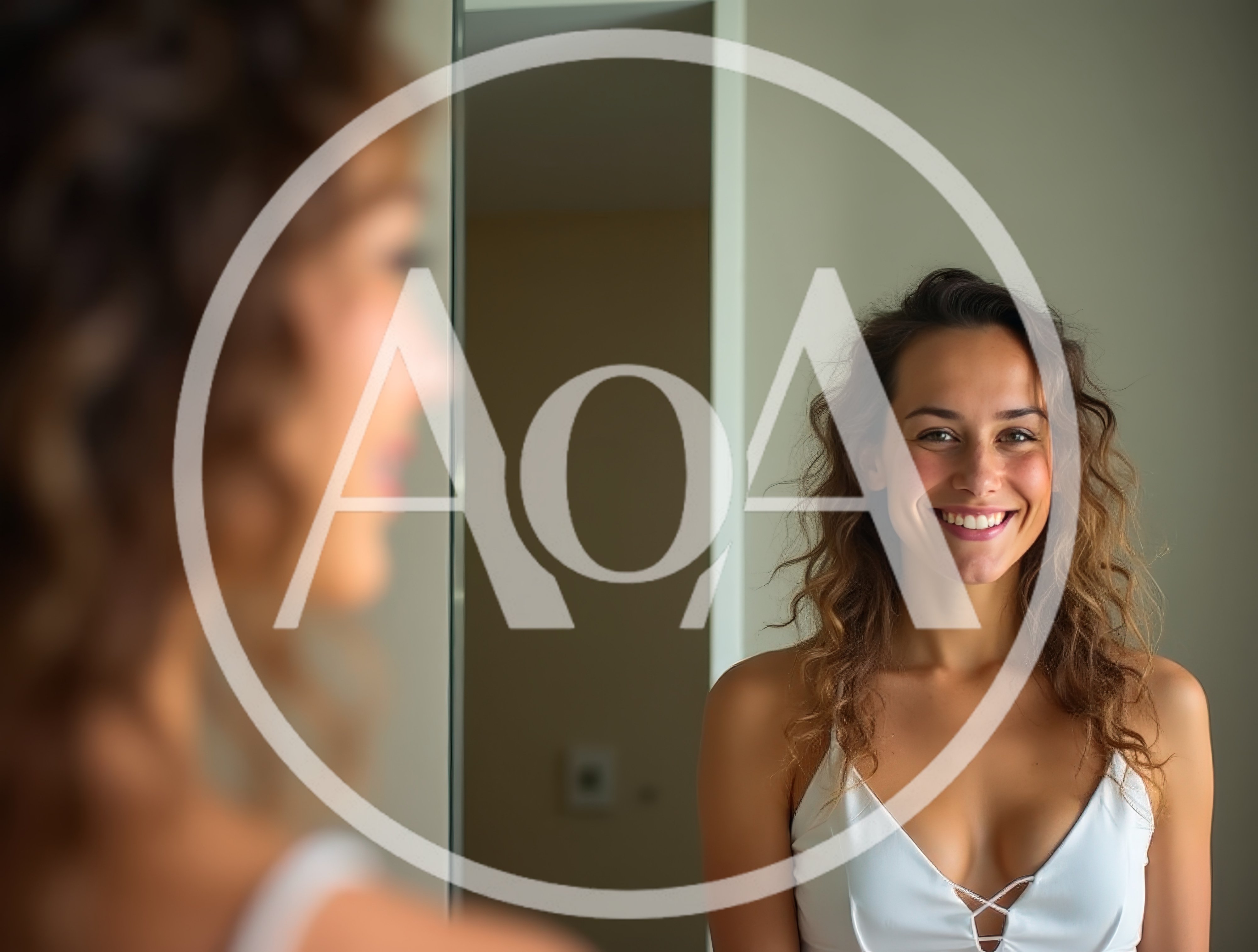 Young Woman Smiling At Her Reflection In A Mirror