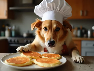 Dog Wearing Chef Hat With Pancakes