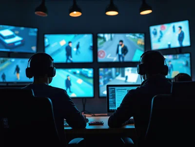 Security Operators Monitoring Surveillance Footage In Dark Control Room
