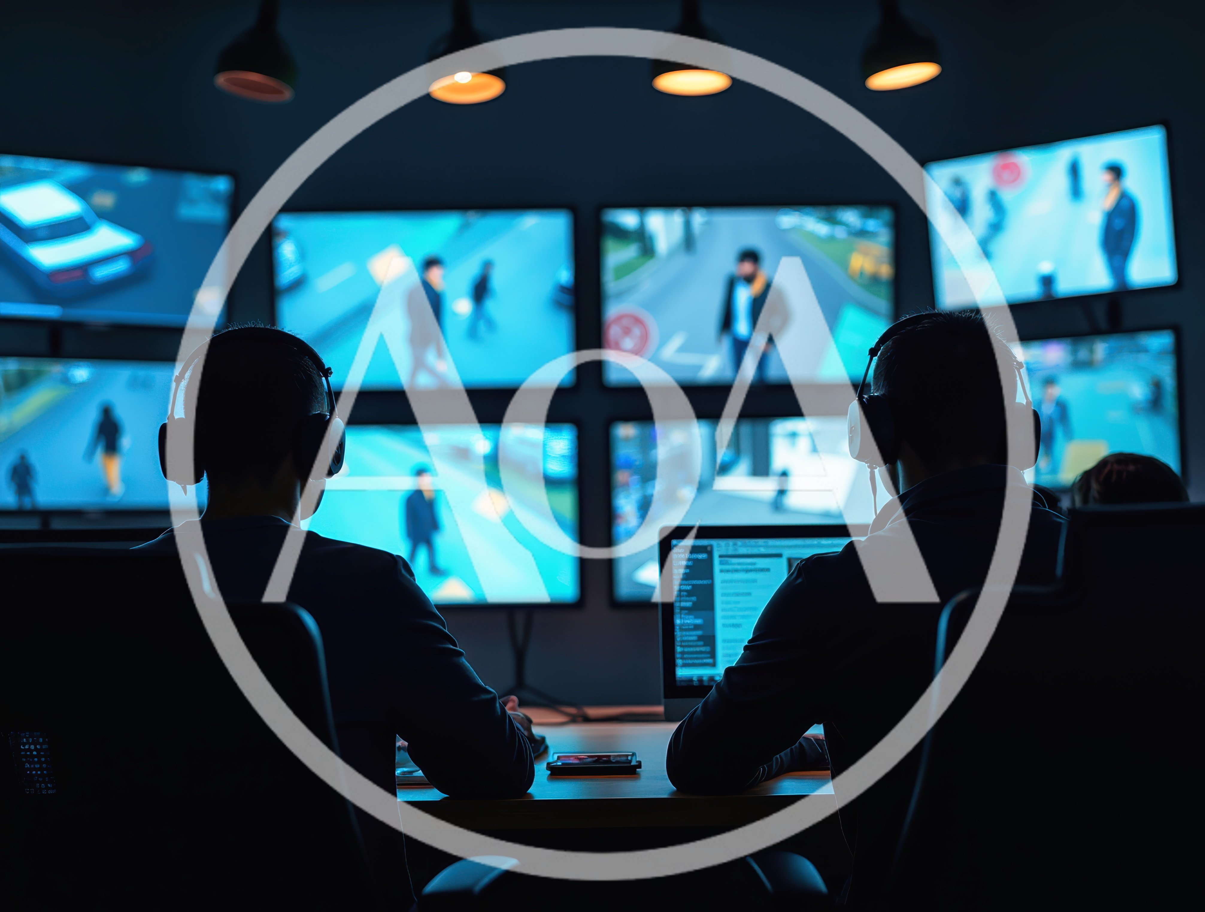 Security Operators Monitoring Surveillance Footage In Dark Control Room
