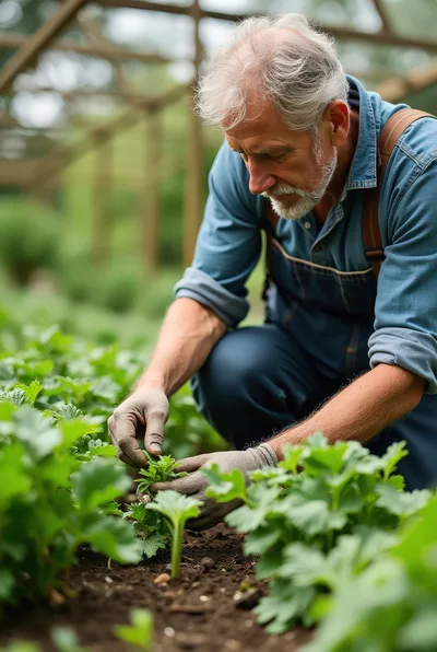 Senior Farmer Tending To Young Seedlings In Greenhouse