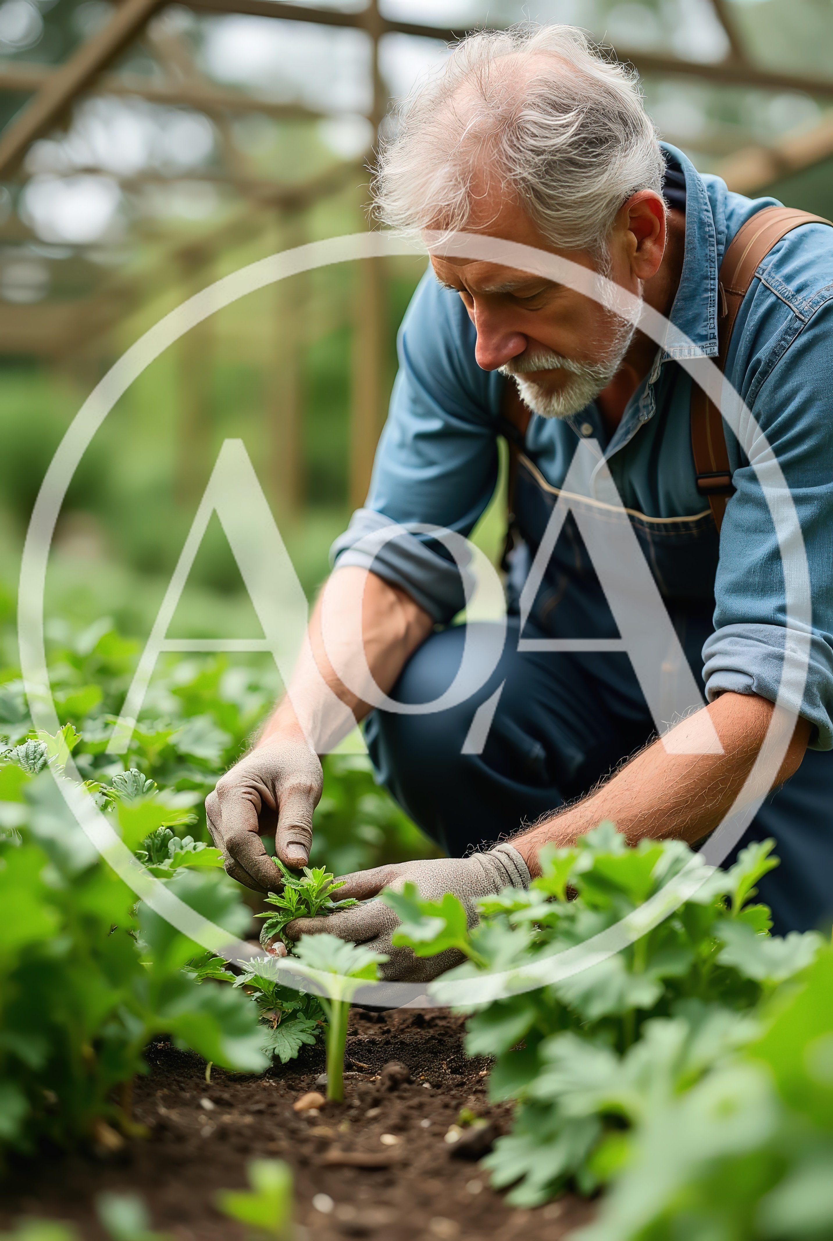 Senior Farmer Tending To Young Seedlings In Greenhouse