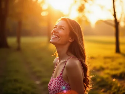 Happy Woman Smiling Outdoors During Golden Hour