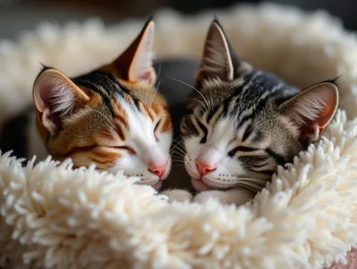 Two Kittens Sleeping Together In A Fluffy Bed