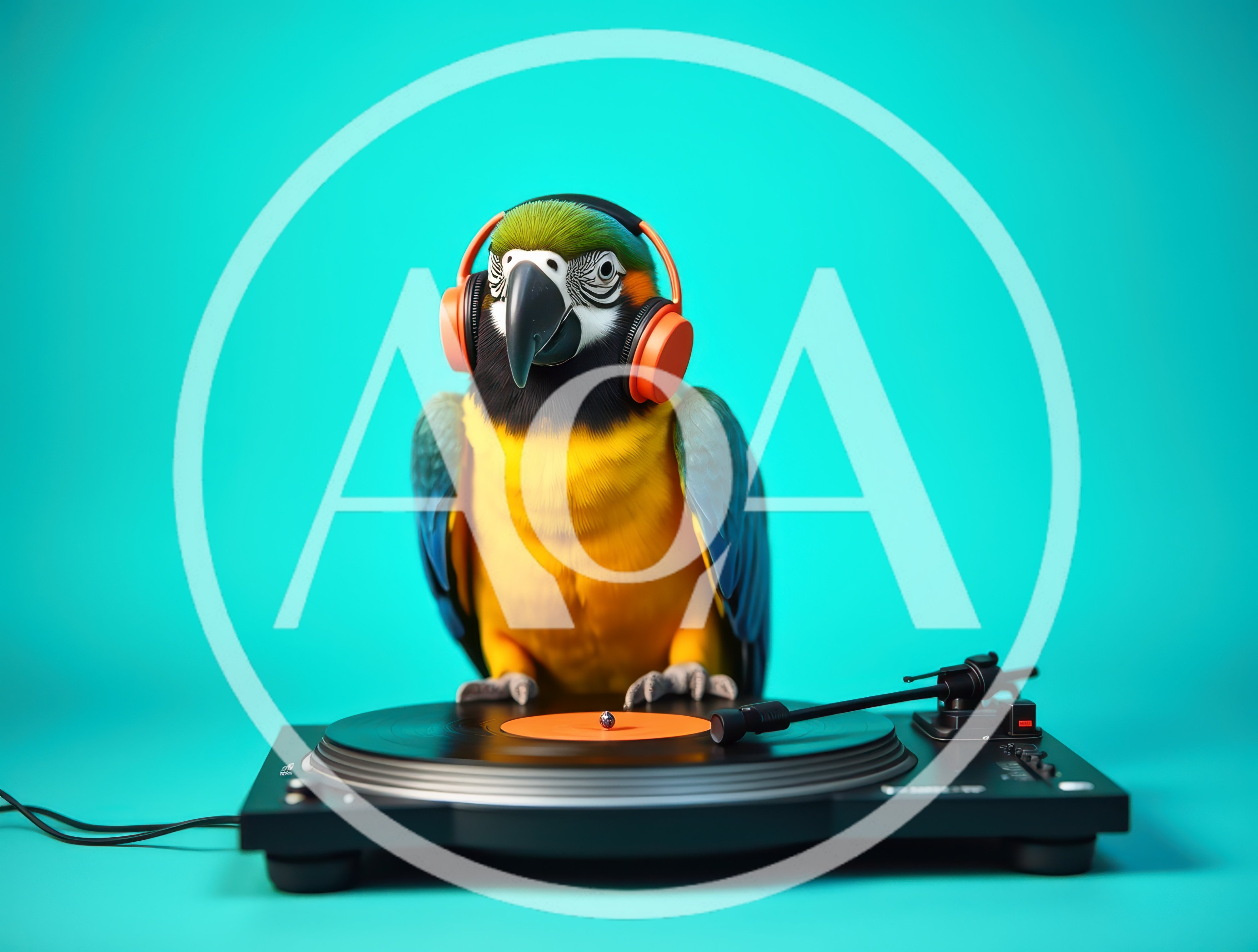 Blue and Yellow Macaw Wearing Headphones DJing