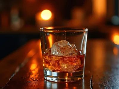 Glass Of Whiskey With Ice On A Wooden Bar