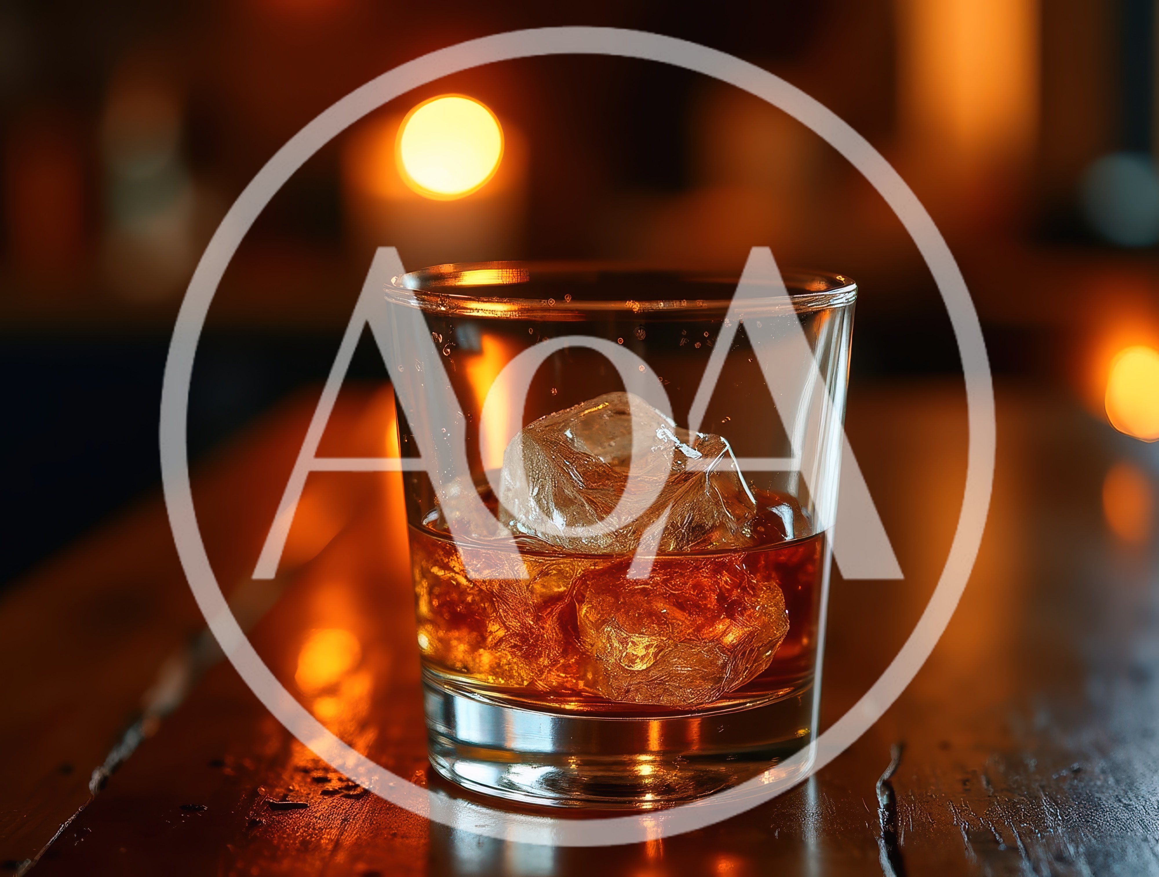 Glass Of Whiskey With Ice On A Wooden Bar