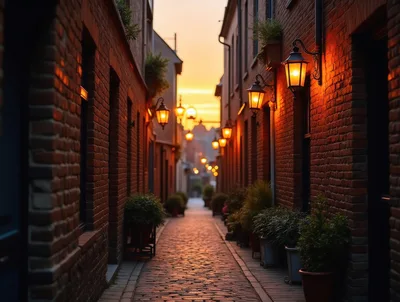 Narrow Cobblestone Alleyway With Glowing Wall Lanterns At Sunset