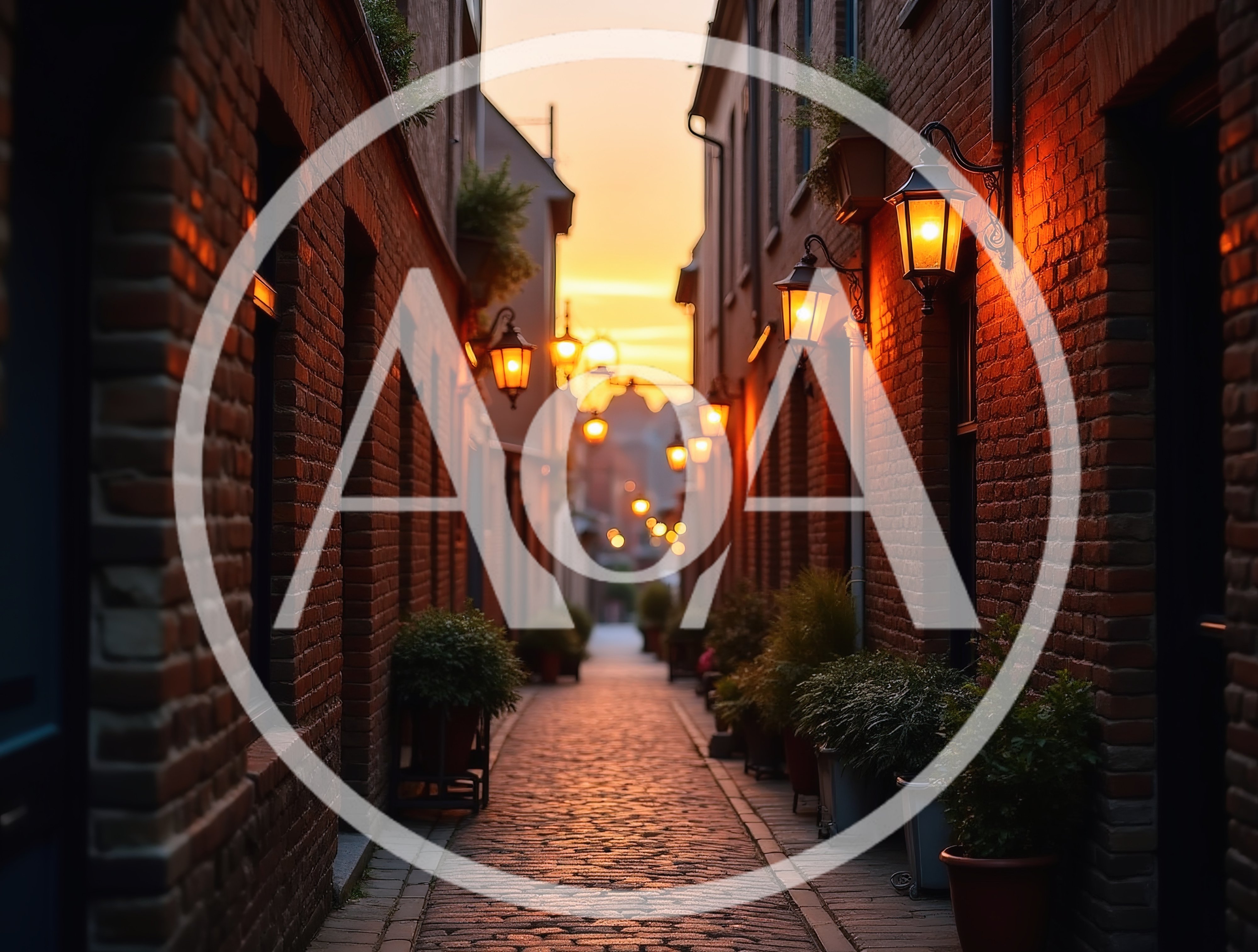Narrow Cobblestone Alleyway With Glowing Wall Lanterns At Sunset