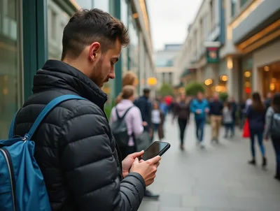Young Man Using Smartphone In A Busy Shopping Mall
