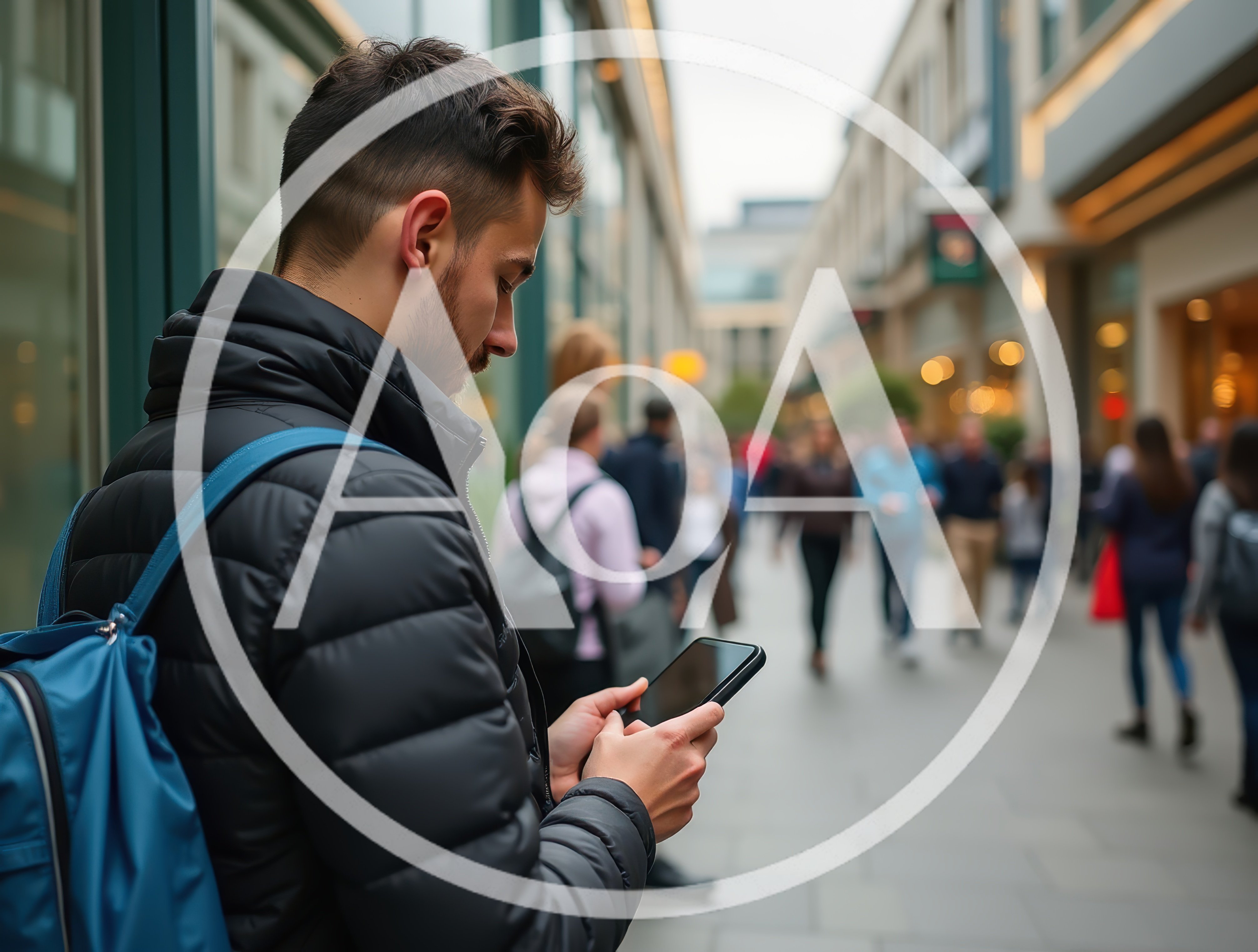 Young Man Using Smartphone In A Busy Shopping Mall