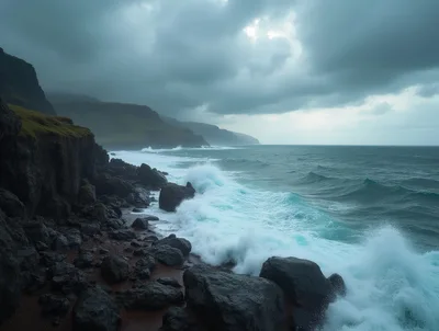 Dramatic Ocean Waves Crashing Against Rugged Coastal Cliffs