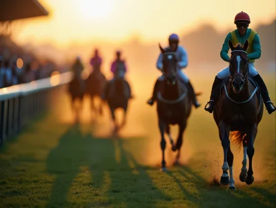 Thoroughbred Racehorses Competing In A Golden Hour Race