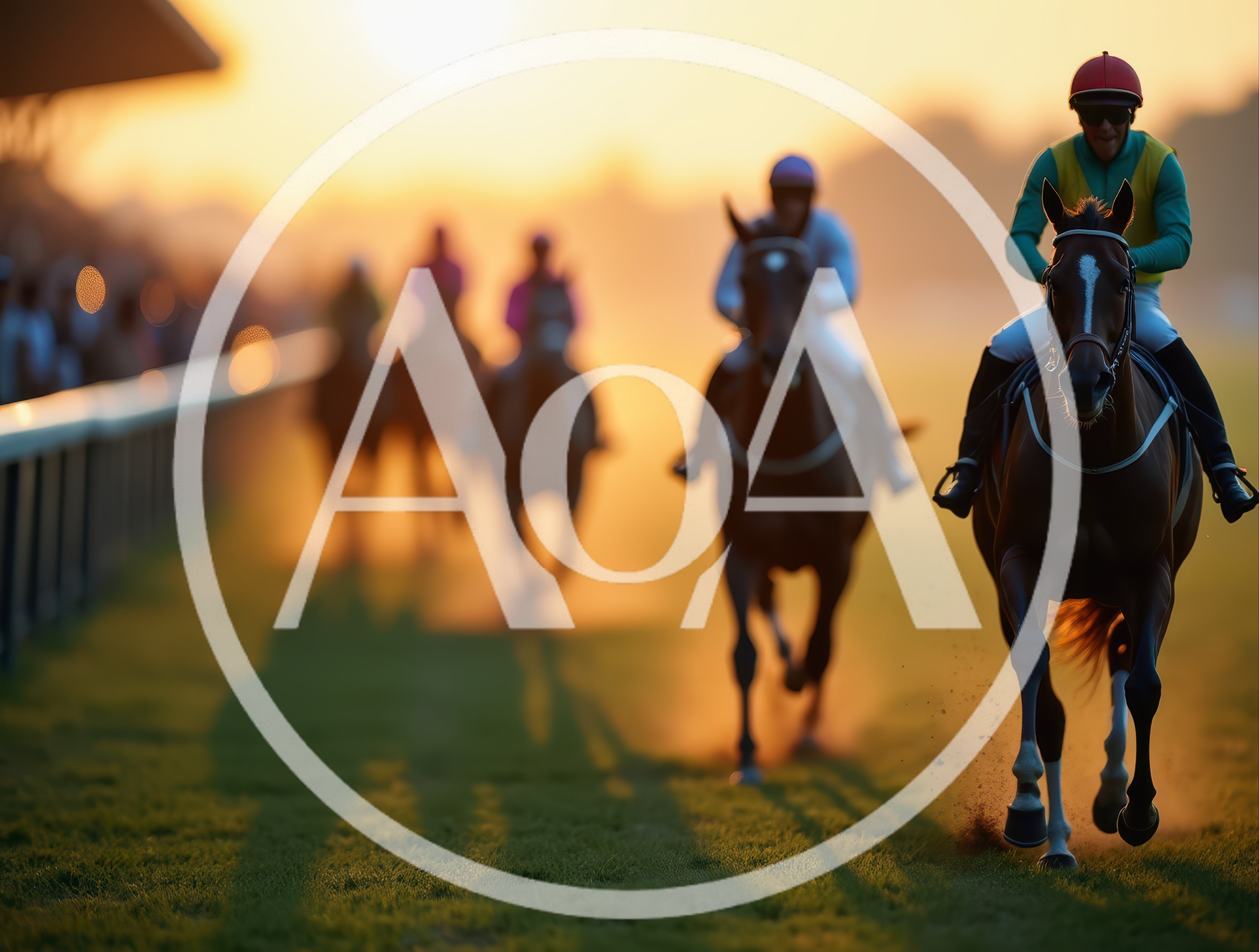 Thoroughbred Racehorses Competing In A Golden Hour Race
