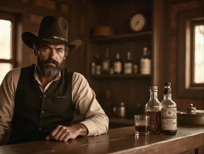 Cowboy Bartender Standing Behind A Rustic Saloon Bar