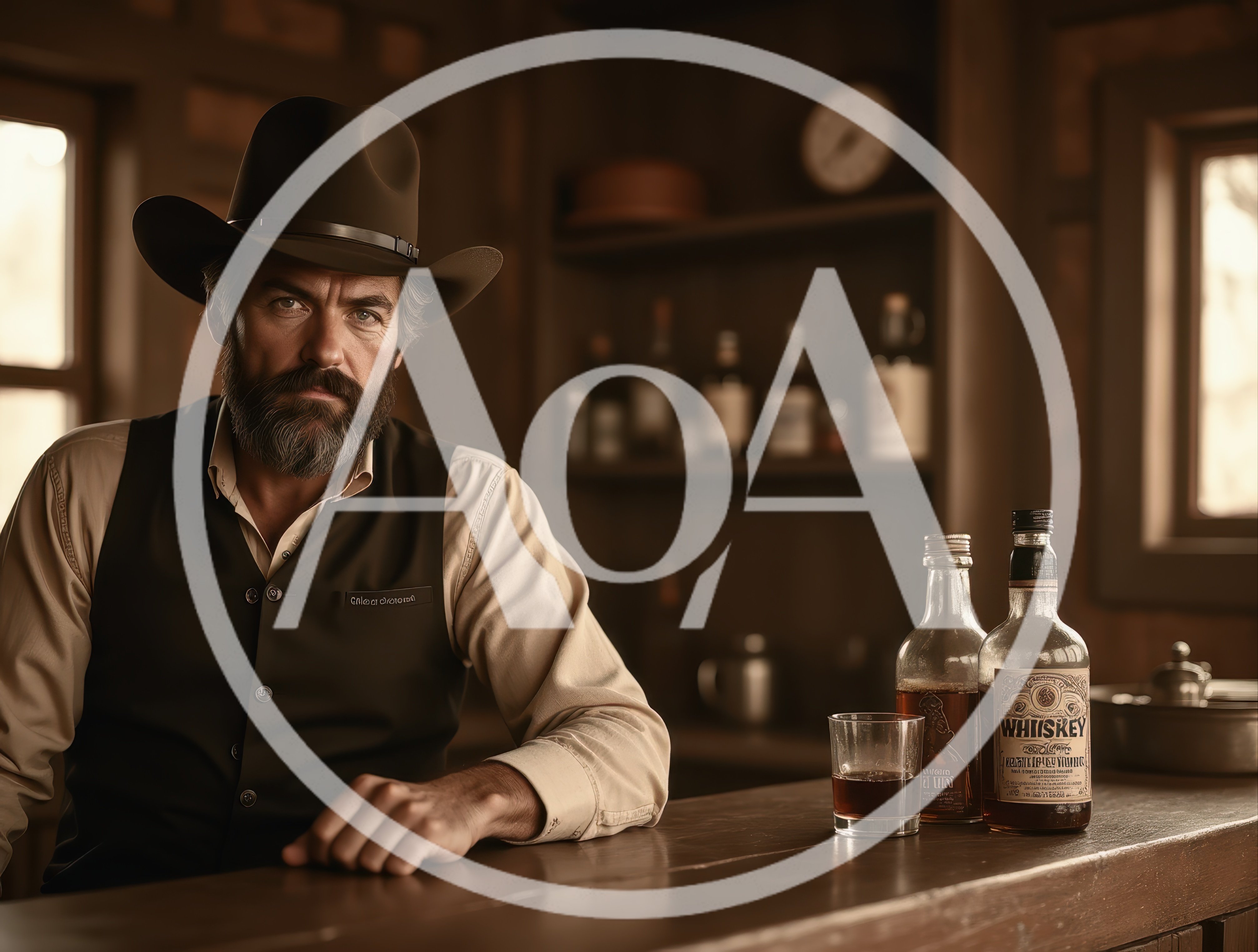 Cowboy Bartender Standing Behind A Rustic Saloon Bar