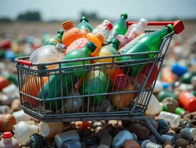 Shopping Cart Filled With Plastic Bottles In Landfill