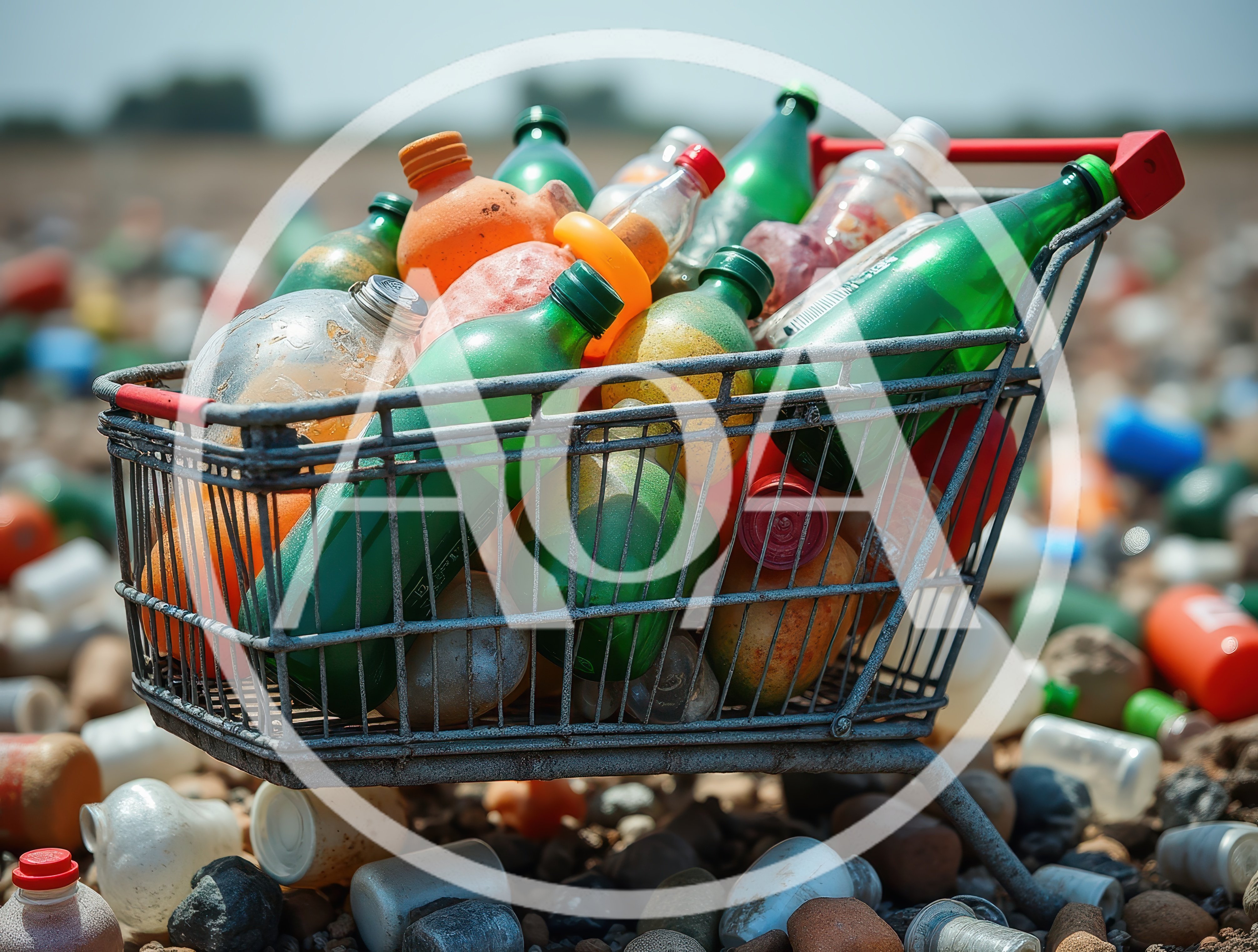 Shopping Cart Filled With Plastic Bottles In Landfill
