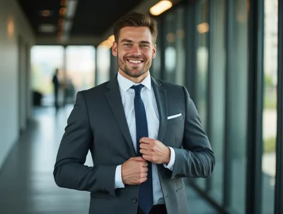 Professional Businessman Adjusting Tie In Modern Office Hallway