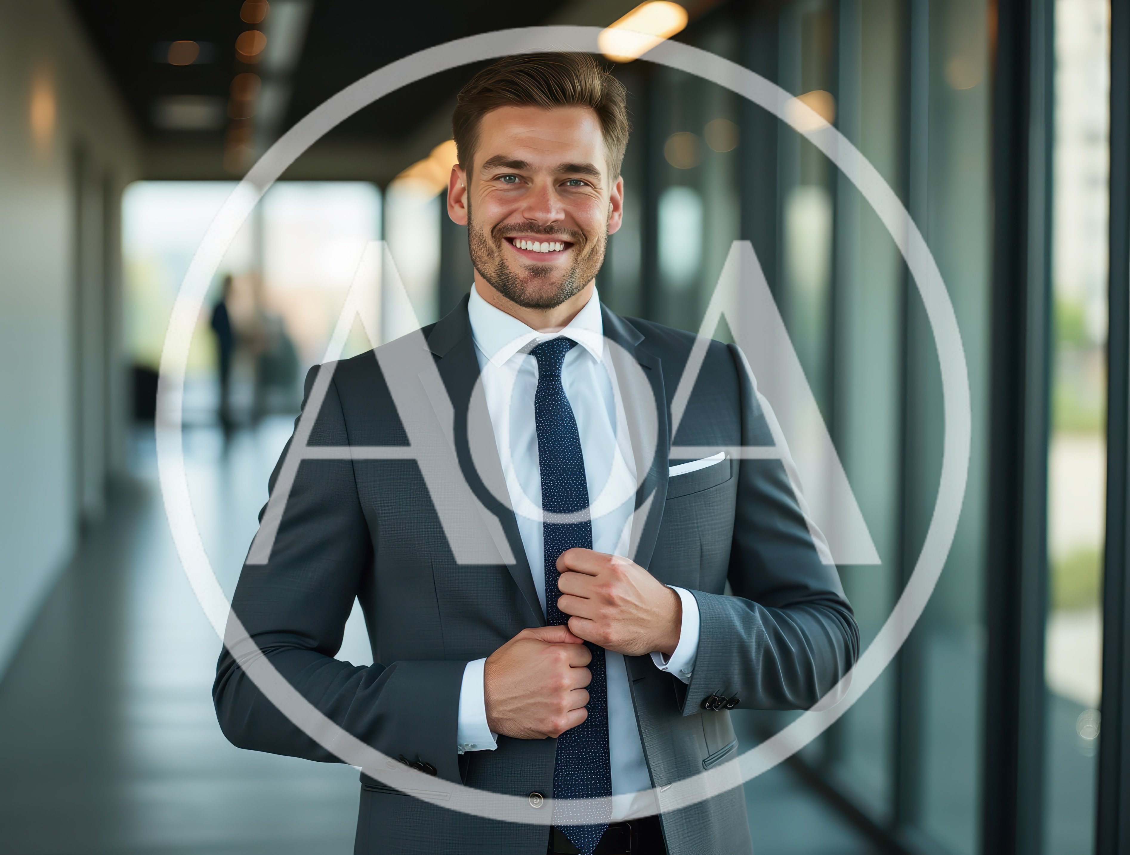 Professional Businessman Adjusting Tie In Modern Office Hallway