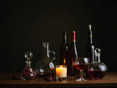 Still Life With Wine Bottles And Cherries