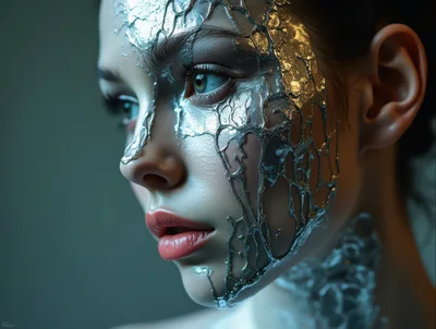 Portrait Of A Woman With Liquid Silver Face Art