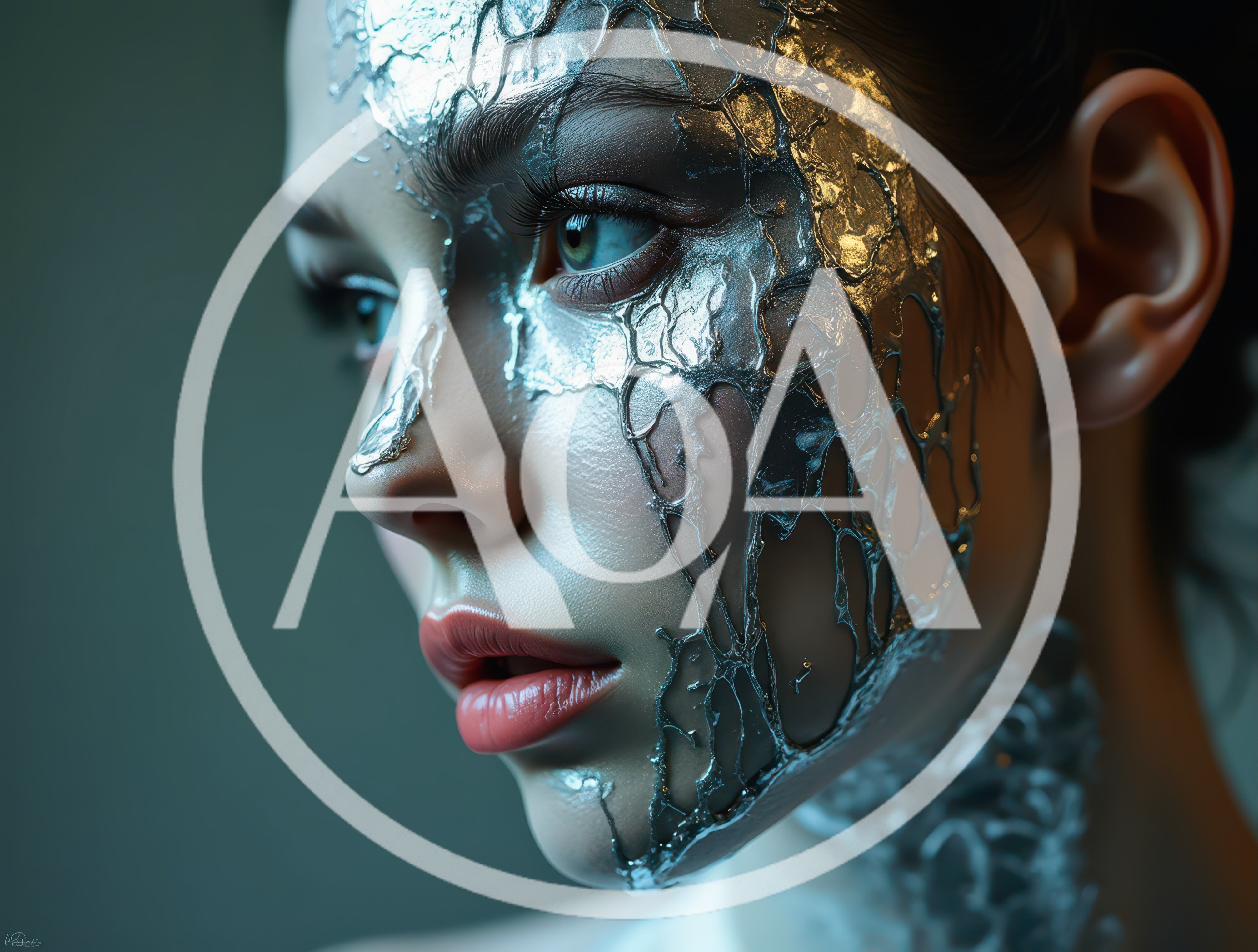 Portrait Of A Woman With Liquid Silver Face Art