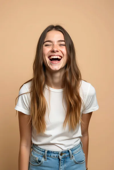 Young Woman Laughing Joyfully Against A Neutral Background