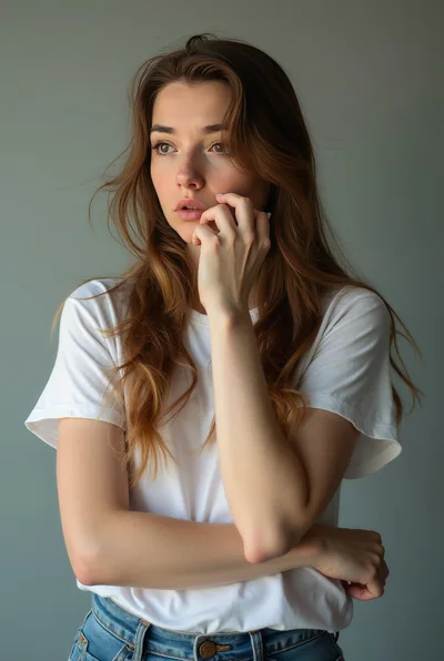 Young Woman Posing Thoughtfully In A White T-Shirt
