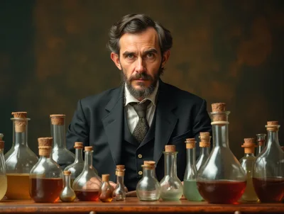 Victorian Gentleman Scientist With Glass Laboratory Bottles