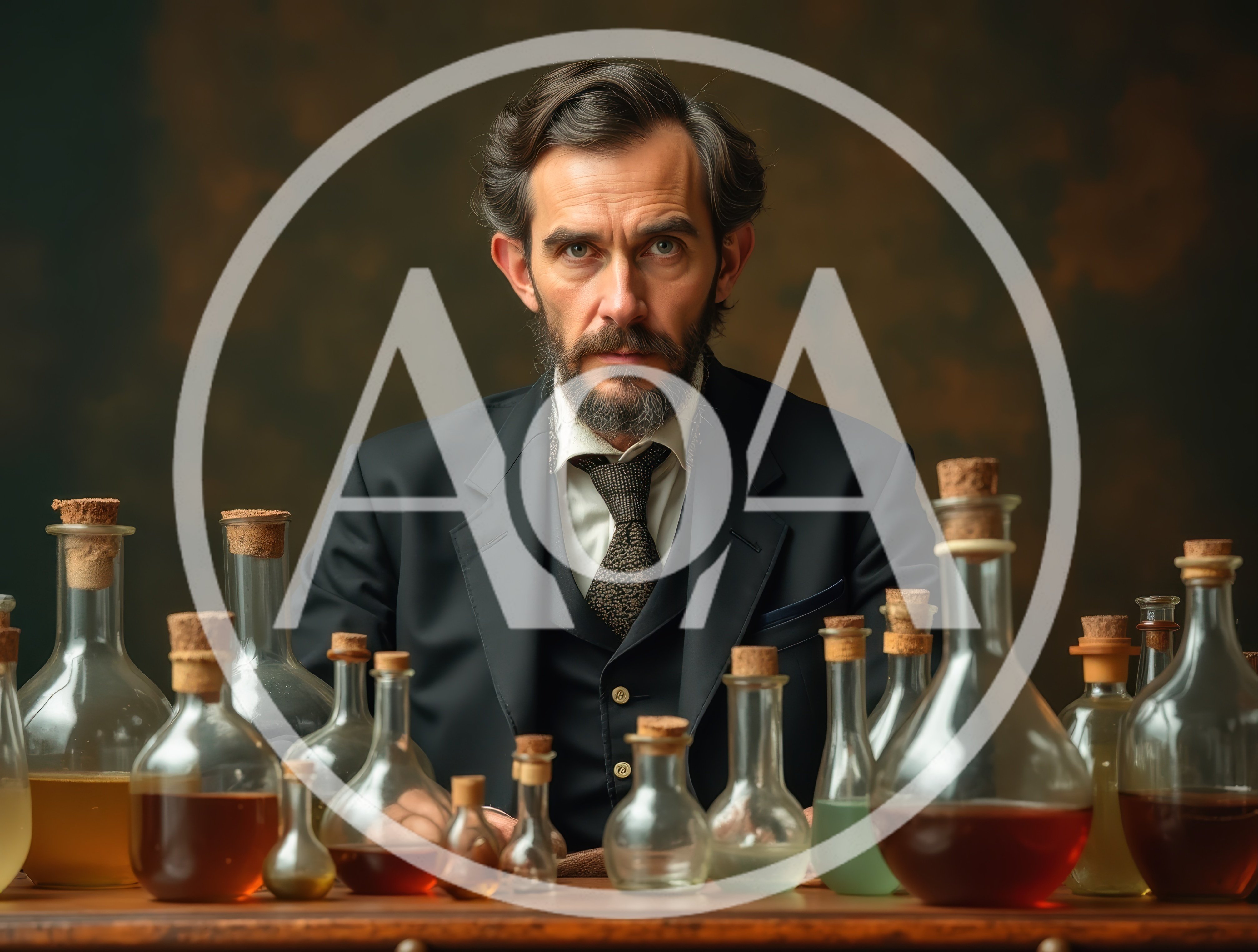 Victorian Gentleman Scientist With Glass Laboratory Bottles