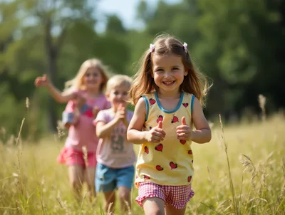 Happy Children Running Through A Sunny Meadow