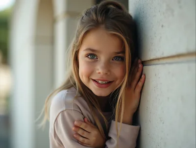 Portrait Of A Smiling Young Girl Leaning Against Wall