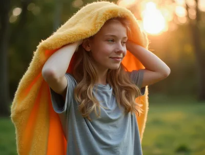 Young Girl Wearing A Yellow Blanket Outdoors