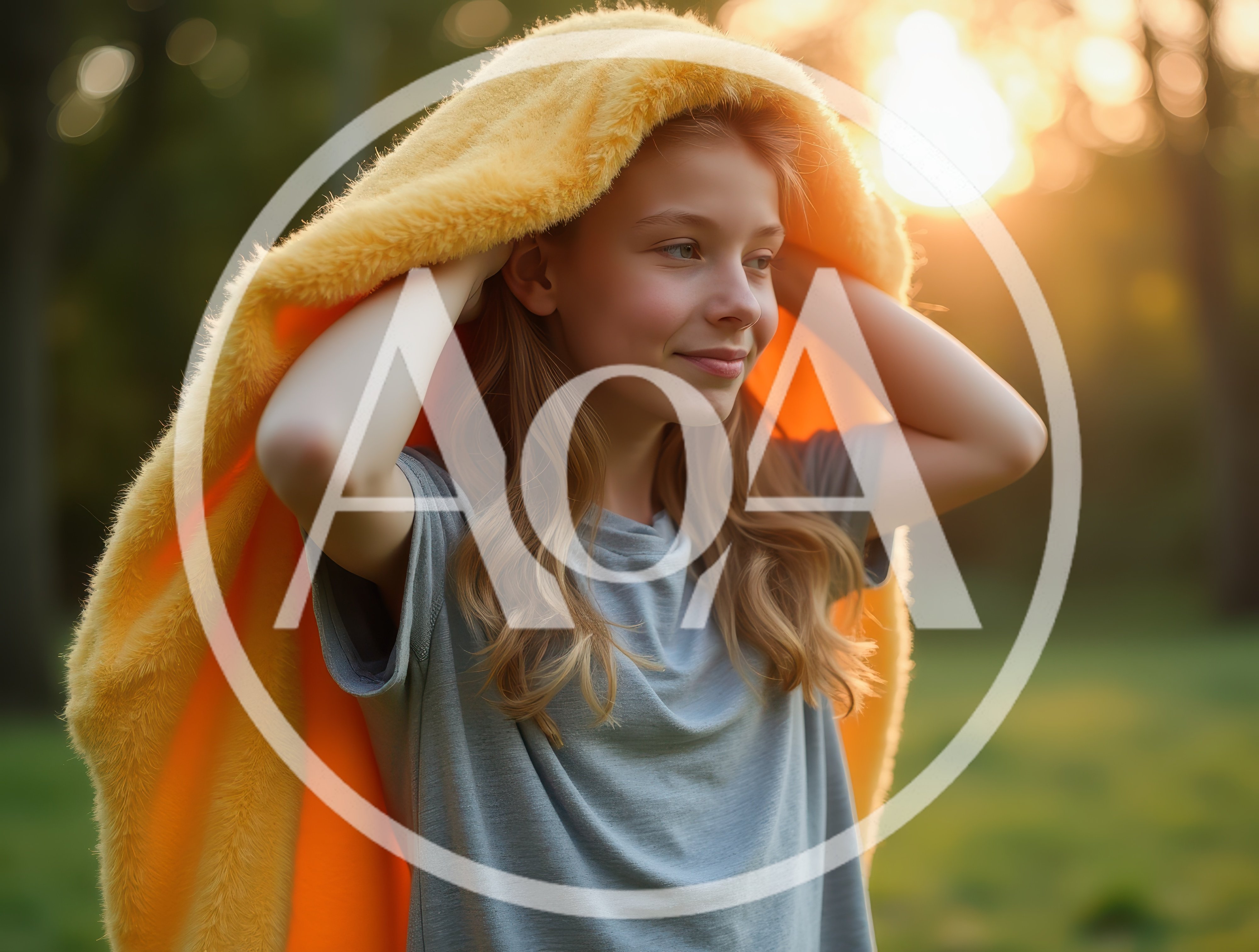 Young Girl Wearing A Yellow Blanket Outdoors