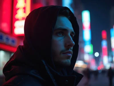 Young Man Wearing Hoodie In Neon Lit City Street