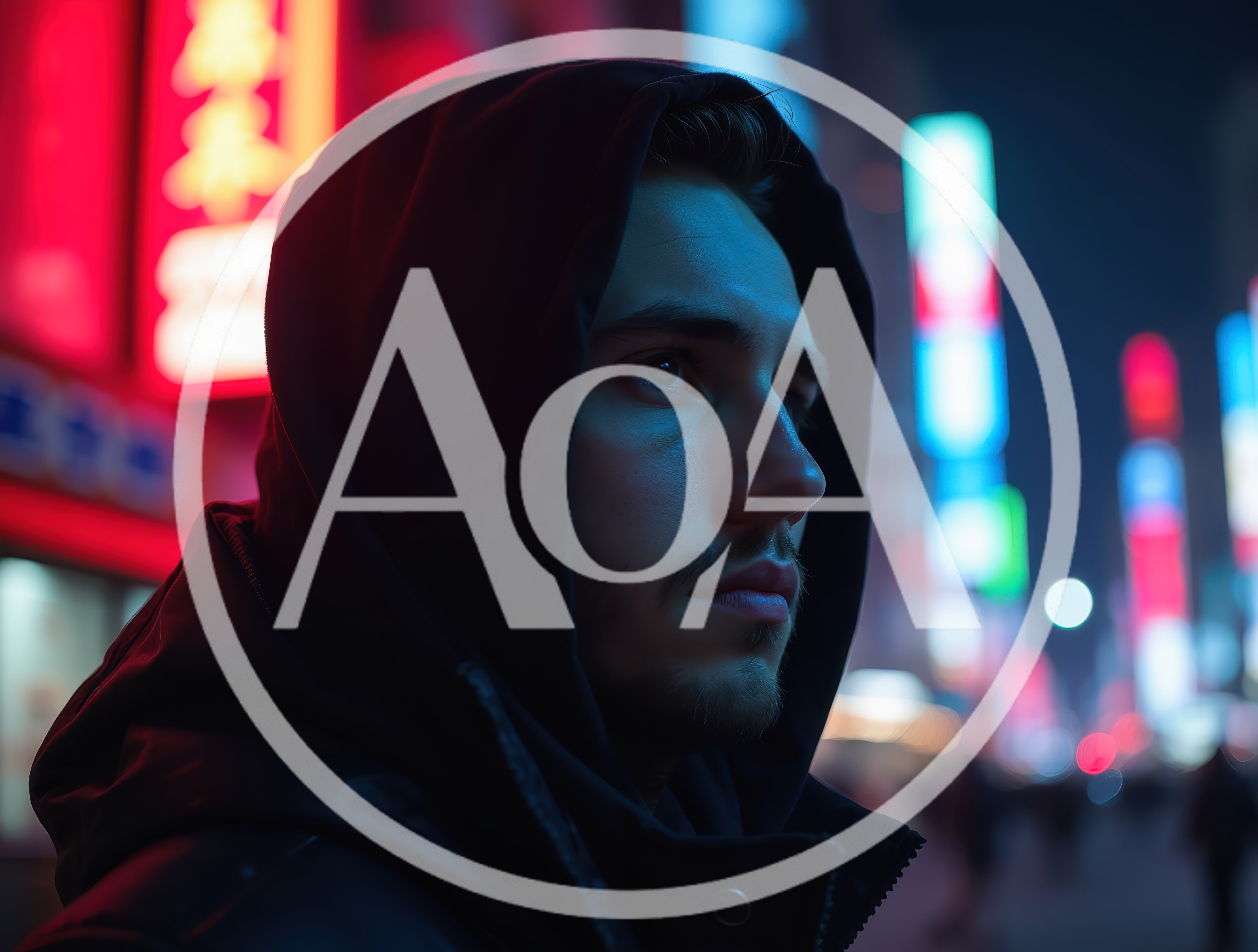 Young Man Wearing Hoodie In Neon Lit City Street