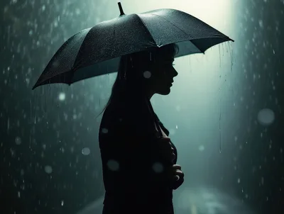 Silhouette Of A Woman Holding An Umbrella In Rain