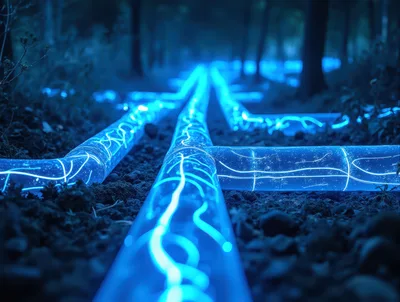 Glowing Blue Energy Pipes In A Dark Forest