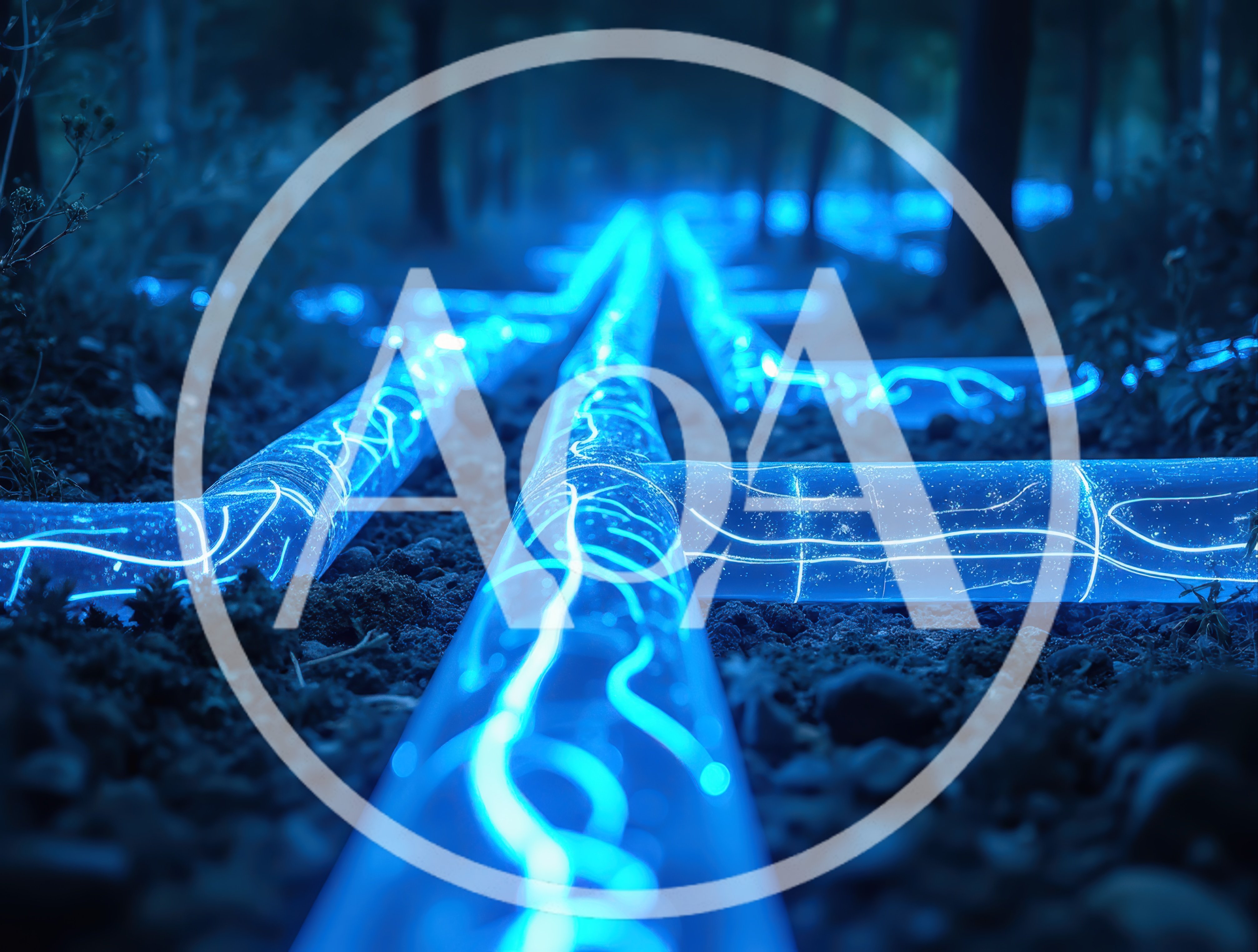 Glowing Blue Energy Pipes In A Dark Forest