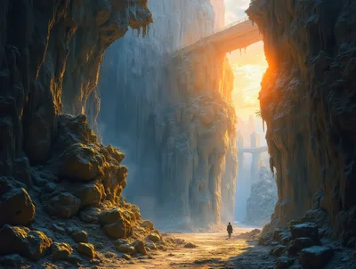 Lone Traveler Walking Through A Massive Frozen Canyon
