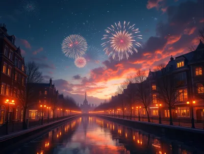 Fireworks Over A Scenic European Canal At Sunset
