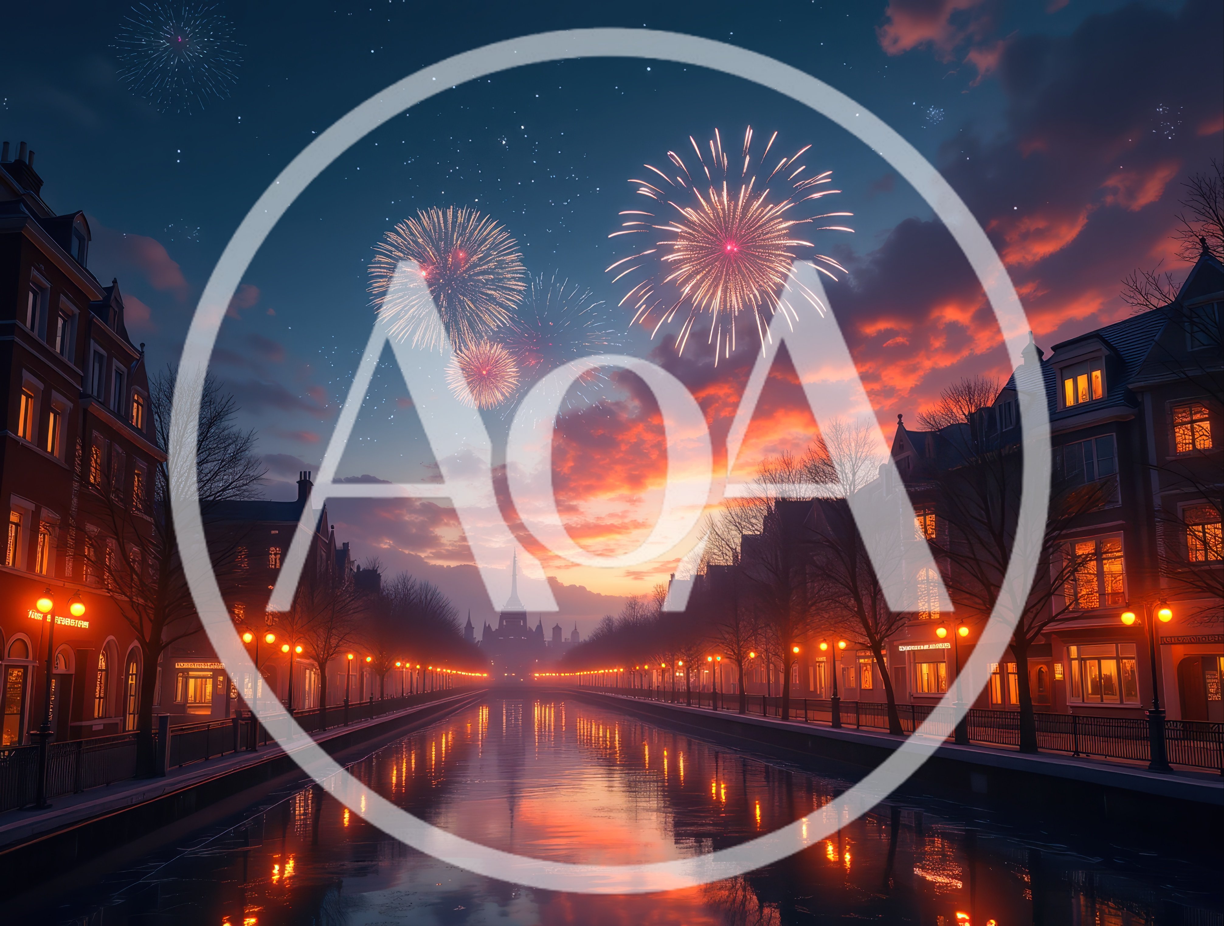 Fireworks Over A Scenic European Canal At Sunset