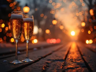 Two Champagne Flutes On A Snowy Bench At Sunset