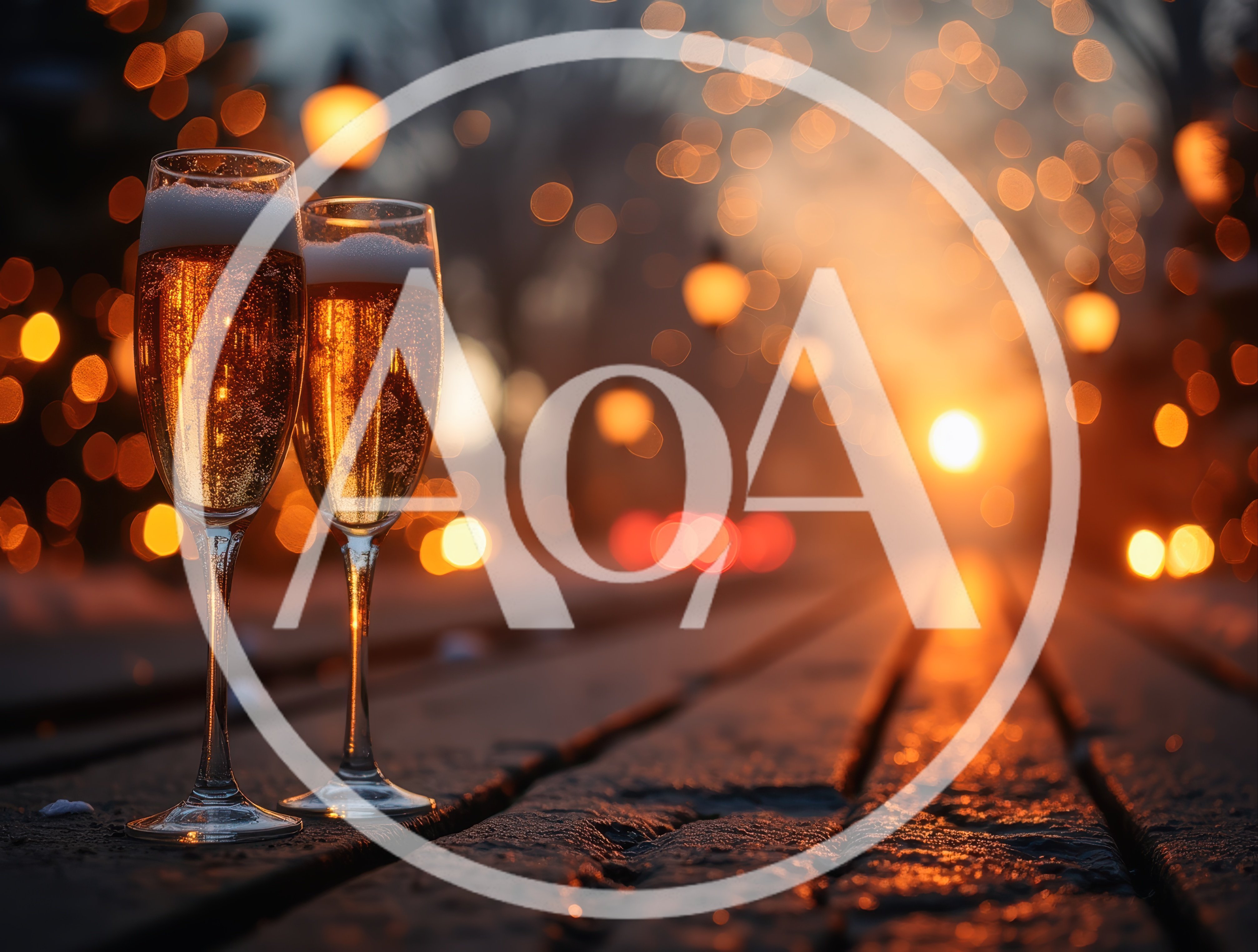 Two Champagne Flutes On A Snowy Bench At Sunset
