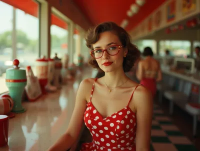 Young Woman In Vintage Diner Setting